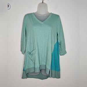 LOGO by Lori Goldstein Blue Green 100% Cotton Asymmetrical Mixed Media Blouse
